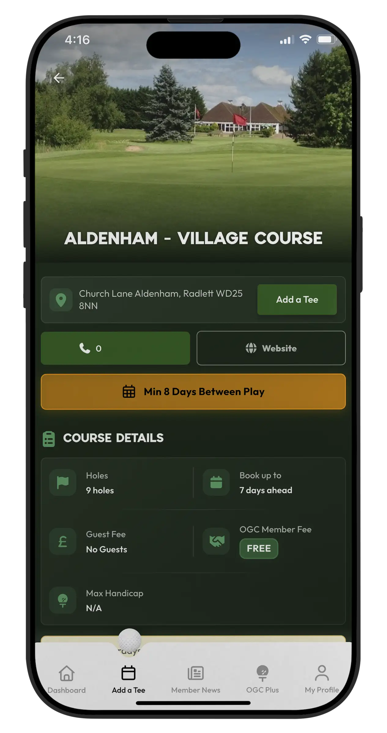 One Golf Club app — Course availability