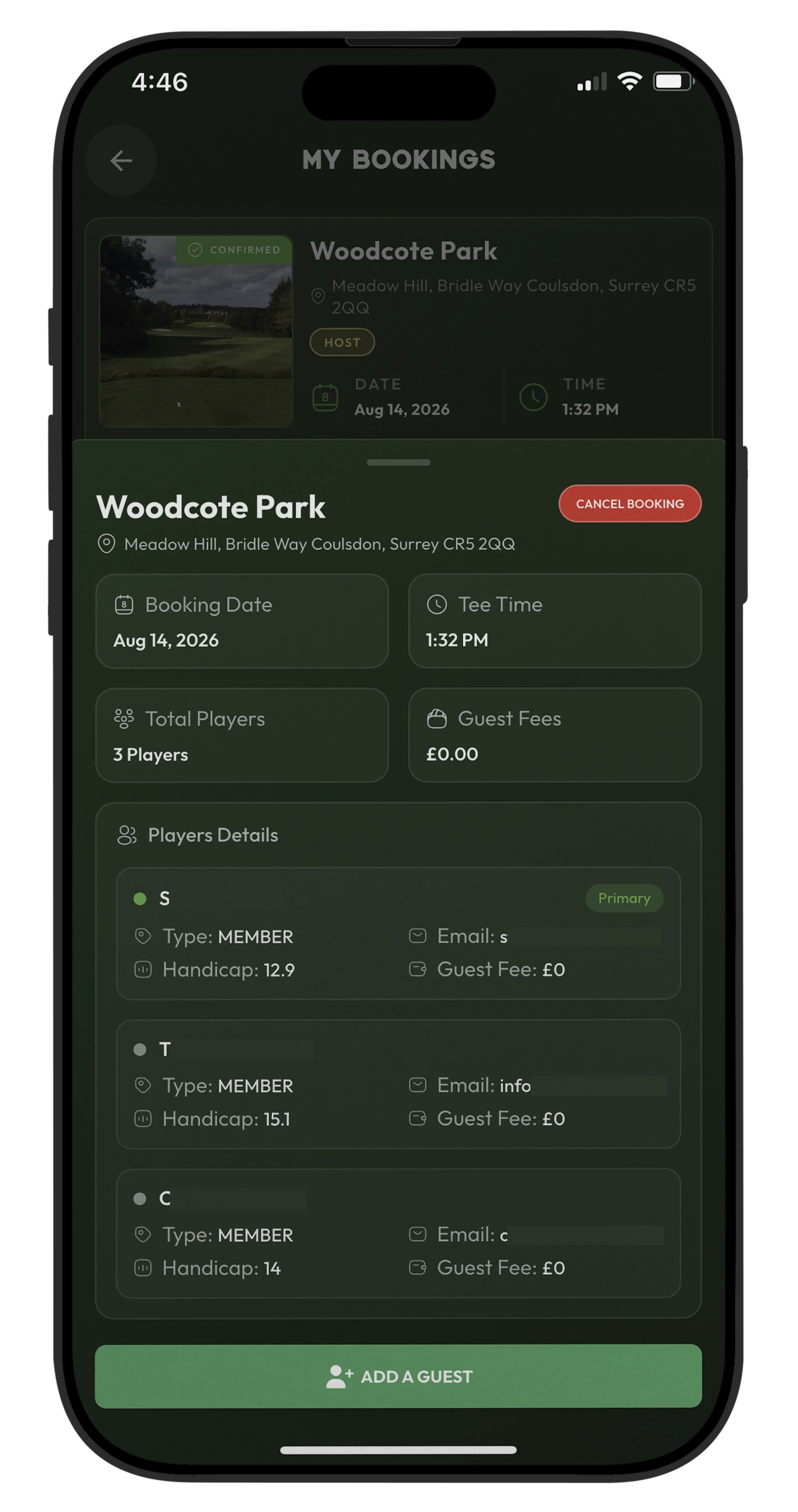 One Golf Club app — My bookings