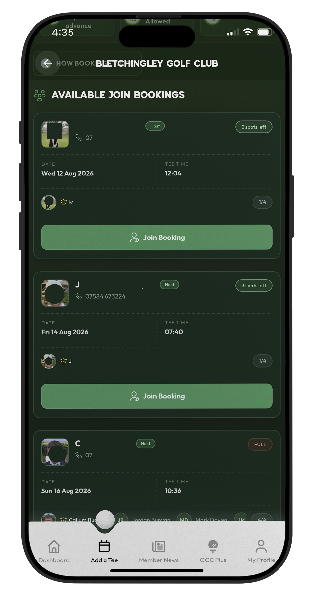 One Golf Club app — Join a round