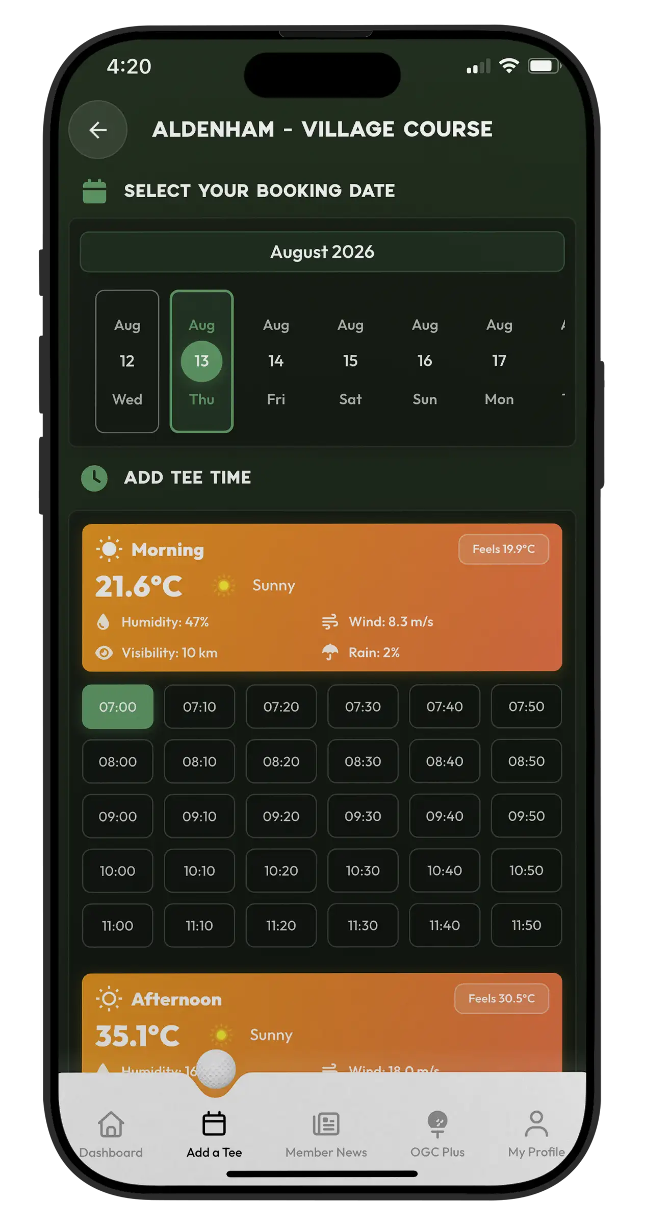One Golf Club app — Weather forecast